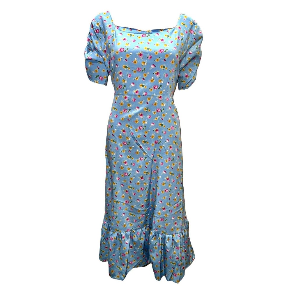 NWT Spring Blue Sweetheart Flower Midi Dress Tie Back Fits Size SML